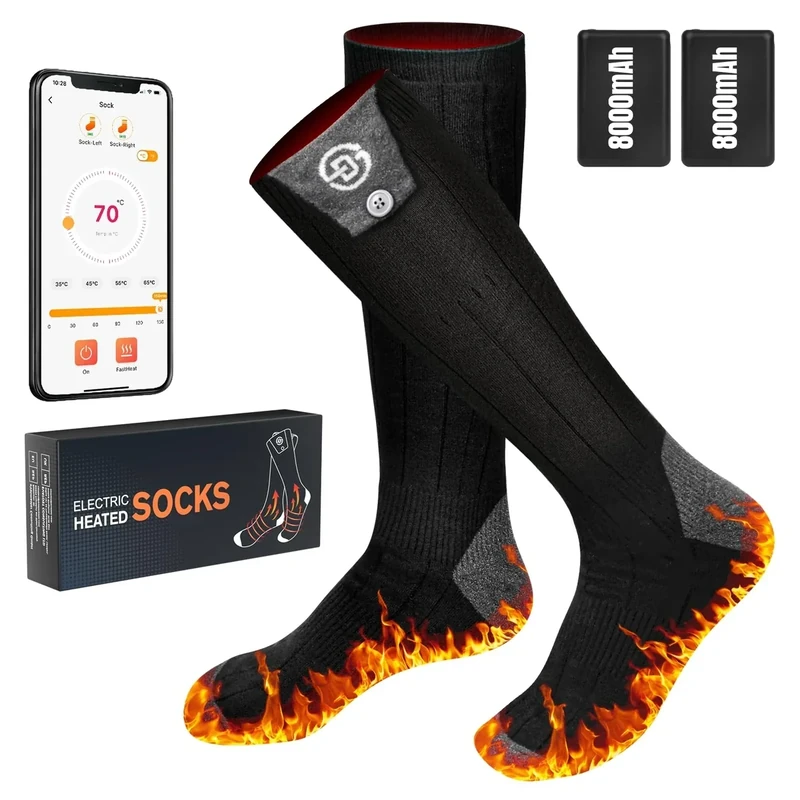 Beheizbare Socken 5v 8000mAh Wiederaufladbare Fußwärmer Warme Socken Damen Herren APP-Steuerung Beheizte Socken 4 Temperatur Heizsocken Skisocken für Outdoor Skifahren Wandern Winter (XL(43-48))