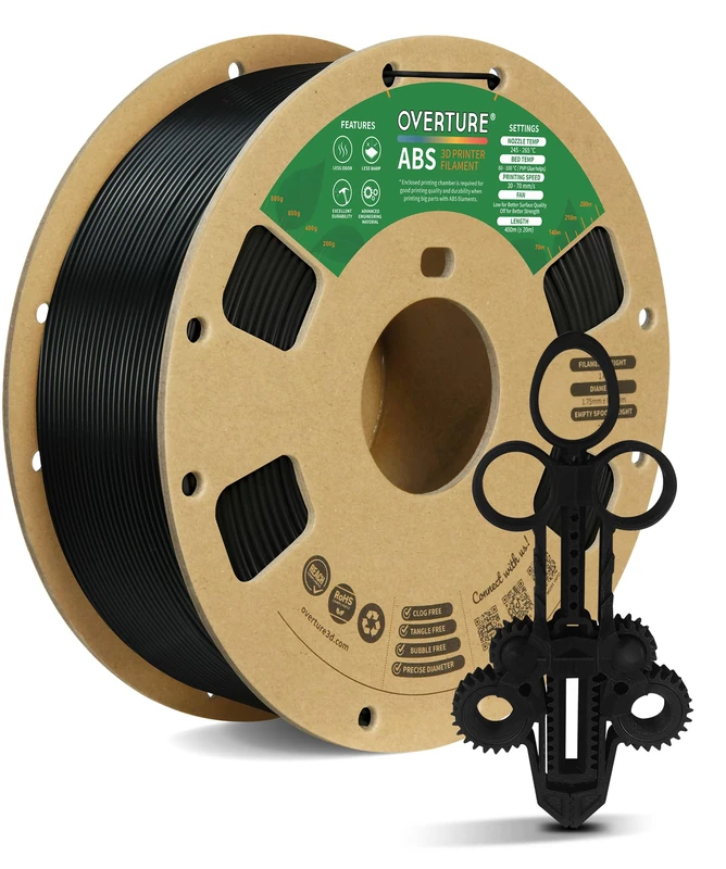 OVERTURE Filament ABS 1.75 mm avec surface de construction 200 mm × 200 mm consommables pour imprimante 3D, précision dimensionnelle +/- 0.05 mm, compatible avec la plupart des imprimantes FDM (noir)