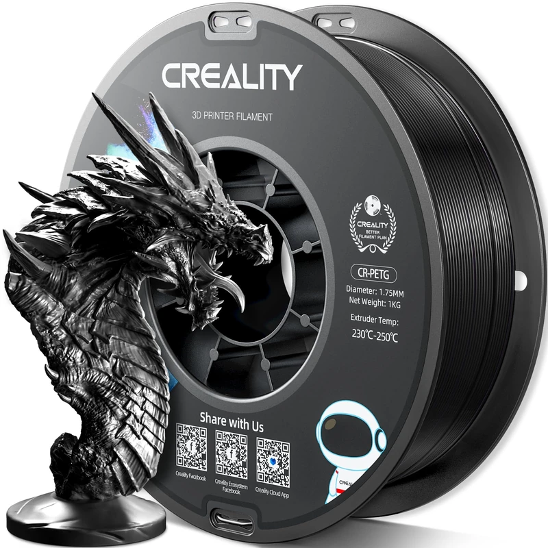 Creality PETG Filament 1.75mm, Haute Précision, Forte Résistance, Sans Odeur, Meilleur Débit, Filament Imprimante 3D 1kg, Haute Précision 1.75mm +/- 0.03mm, PETG Noir