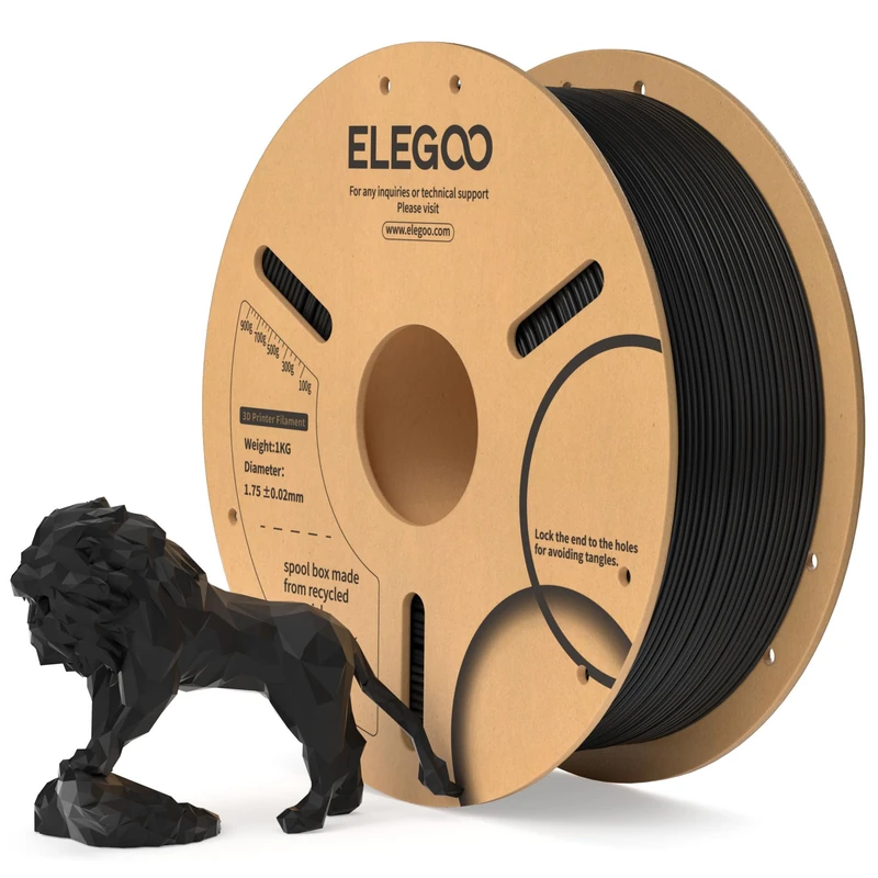 ELEGOO Filament PLA 1.75mm Noir 1KG pour Imprimante 3D, Précision Dimensionnelle +/- 0.02mm Bobine de Carton Filament d'Impression 3D Convient à la plupart des Imprimantes 3D FDM