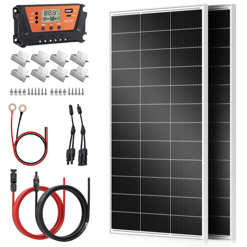Rvpozwer Kit de panneau solaire monocristallin 400 W, 2 modules solaires de type N de 200 W avec régulateur de charge solaire MPPT 30 A, câble solaire, pinces de montage en Z, pour batterie 12 V, pour